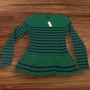 Talbots Sweater Dress Womens Small Green Navy Striped Knit Cablecore Long Sleeve